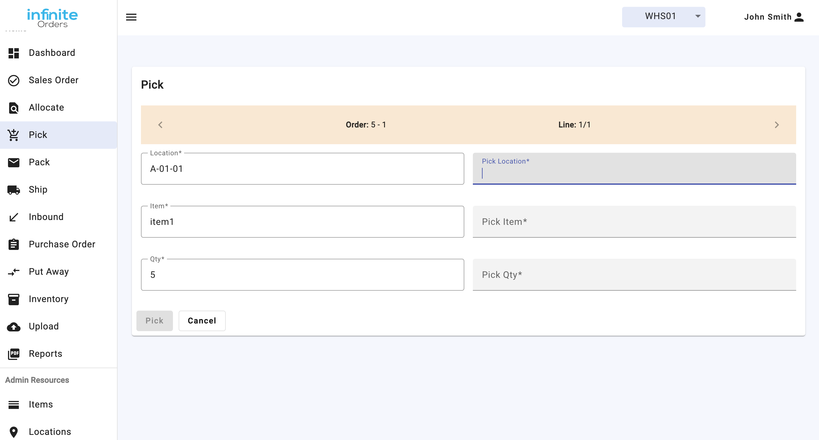 screenshot of InfiniteOrders WMS